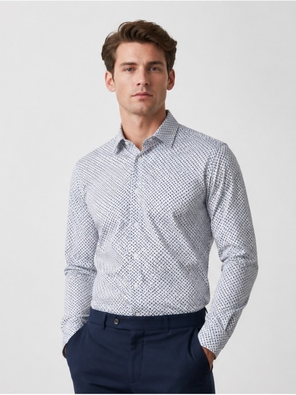 Ted Baker Men’s White Blue Geometric Print Button Down Shirt XL Stretch Cotton